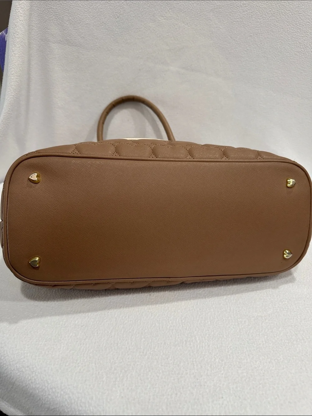 Betsey Johnson Brown and Cream Striped Satchel with Bow Charm